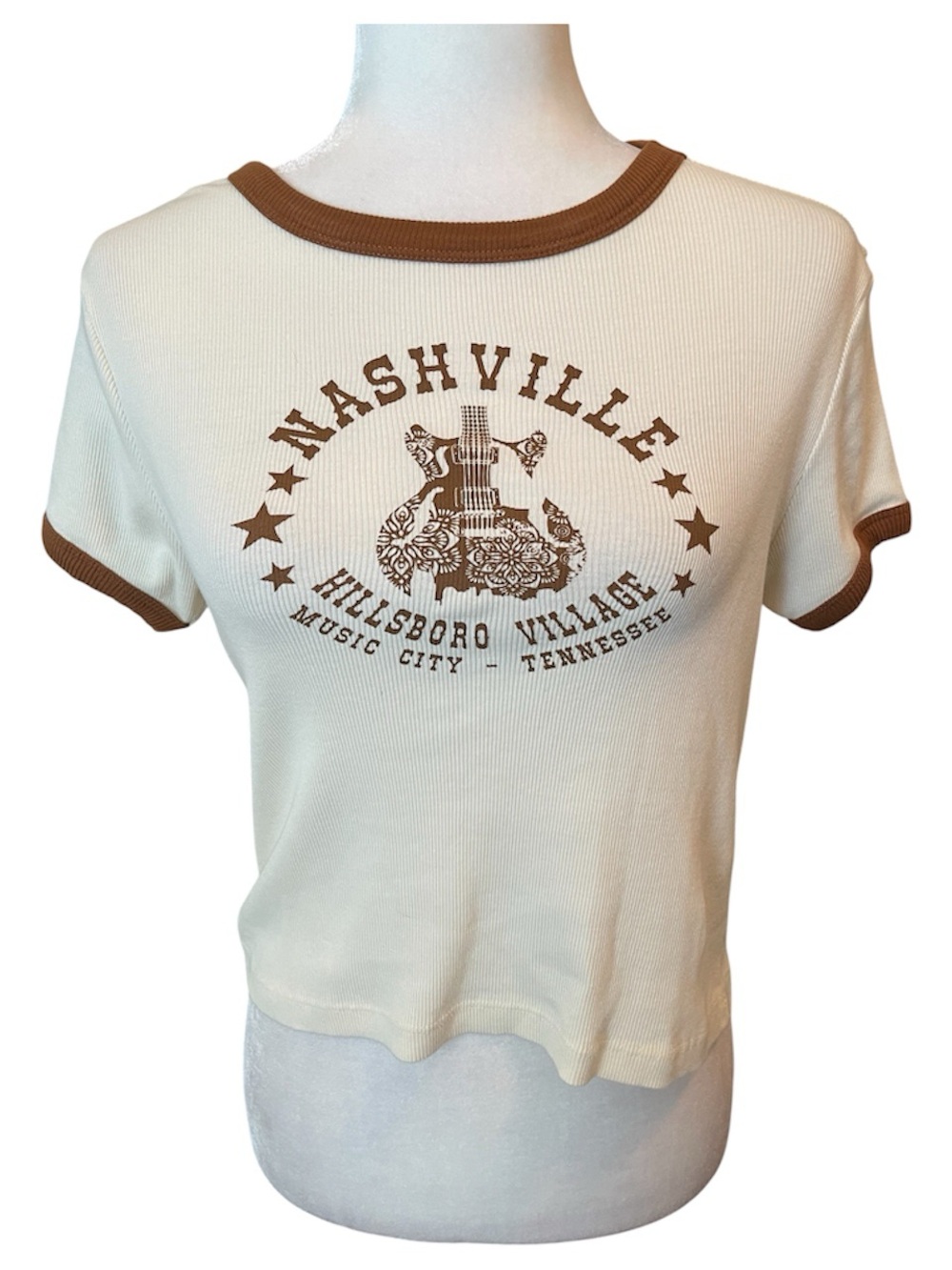 Social Culture Nashville Ringer Tee Brown Cream Baby Tee XL